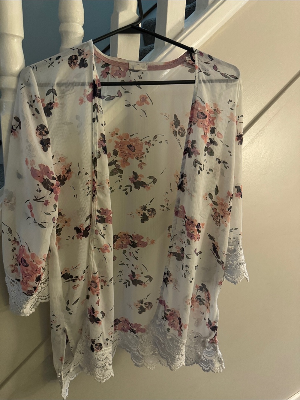 Floral Lace-Trim Sheer Kimono Cardigan - White/Pink